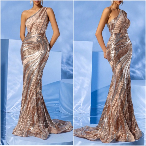 Luxe Sequin One Shoulder Party Evening Wedding Prom Dress - Picture 1 of 9